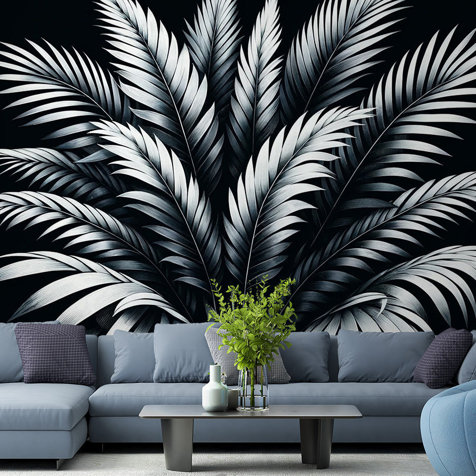 Tapete Blätter | Palmenblätterbouquet auf schwarzem Hintergrund