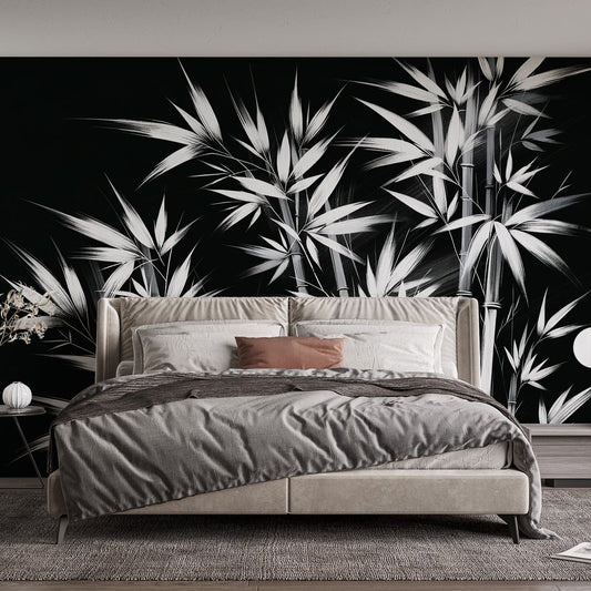 Tapete Blätter | Weiße Bambusblätter auf schwarzem Hintergrund