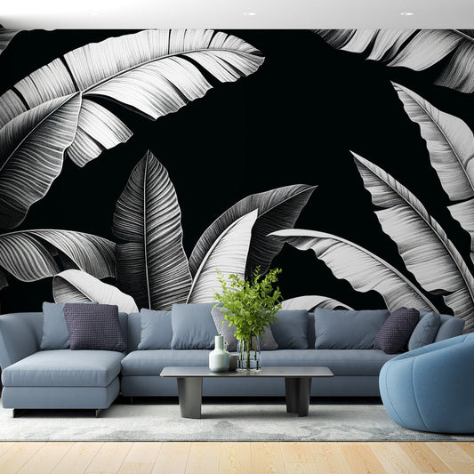 Tapete Blätter | Zufällige Bananenblätter auf schwarzem Hintergrund