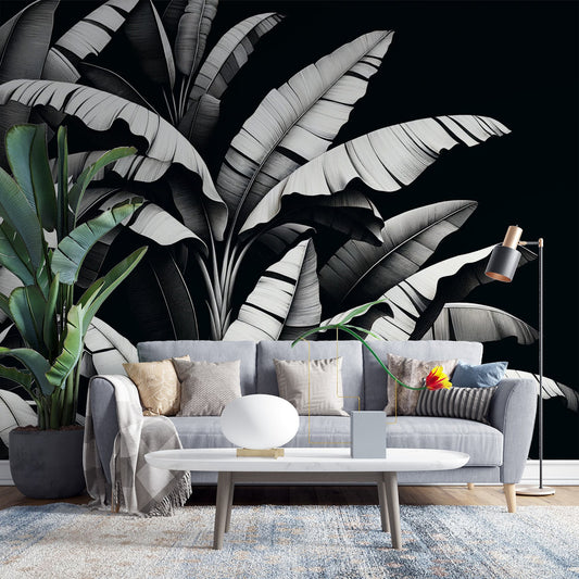 Tapete Blätter | Weiße Bananenblätter auf schwarzem Hintergrund