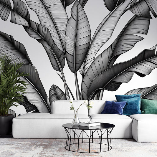 Tapete Blätter | Bananenblätter-Design auf weißem Hintergrund