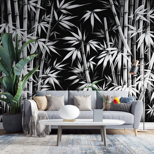 Tapete Blätter | Weiße Bambuswaldtapete auf schwarzem Hintergrund