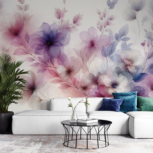 Tapete Blumen | Aquarell in Violett mit Blütenblättern