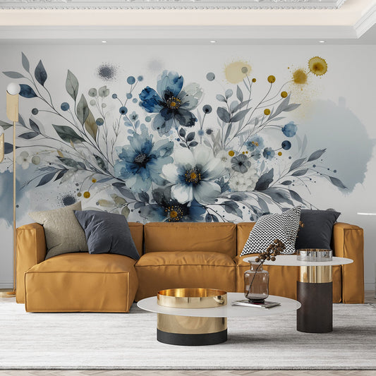 Tapete Blumen | Blaue Aquarelle mit Blütenblättern und Blättern
