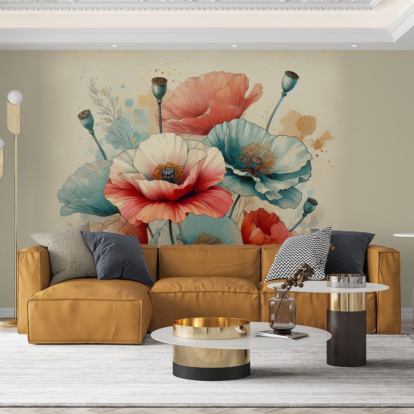 Tapete Blumen | Rote und blaue Mohnblumen mit Vintage-Aquarellflecken