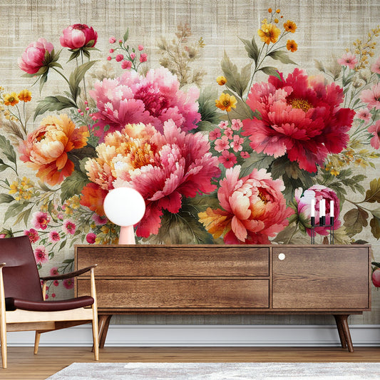 Tapete Blumen | Rosa, rote und orangefarbene Blumen auf vintage gewebter Tapete