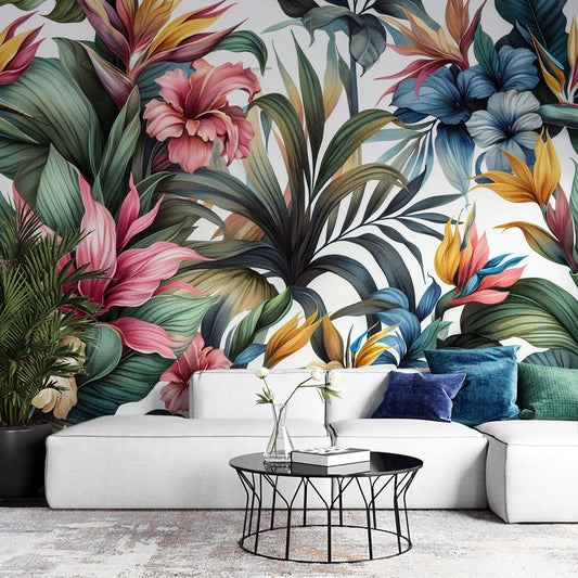 Pastellfarbenes Blumenmuster-Tapete | Bunte tropische Blumen auf weißem Hintergrund-Tapete