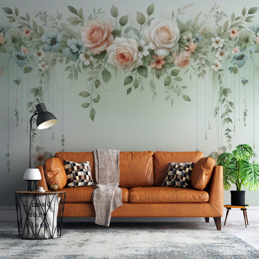 Tapete Blumen | Tapete mit grünen, blauen und rosa hängenden Blumen