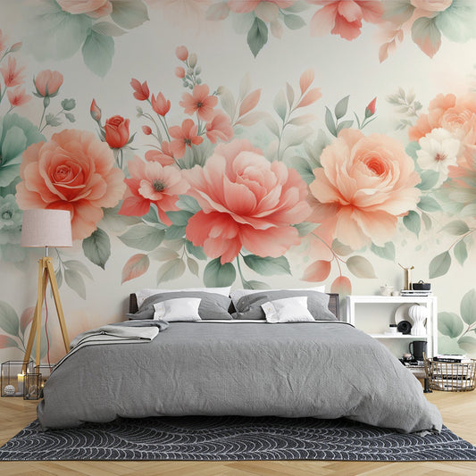 Pastellfarbenes Blumenmuster-Tapete | Pastellfarbene Rosenreihe auf weißem Hintergrund