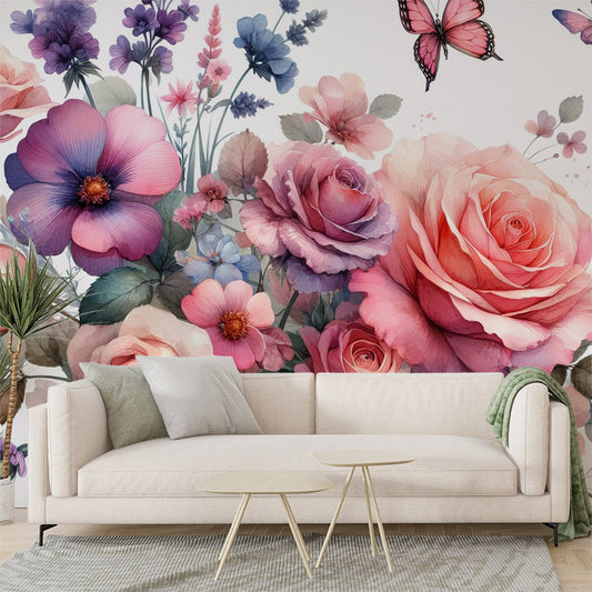 Tapete Blumen | Schmetterlinge und große Blumen auf weißem Hintergrund