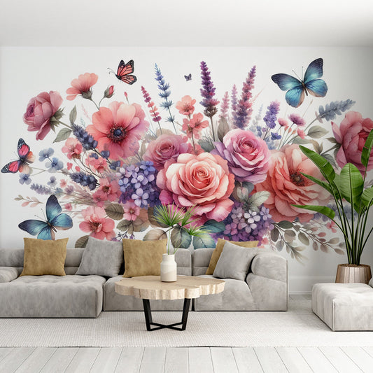 Tapete Blumen | Schmetterlinge überfliegen eine erhabene florale Komposition