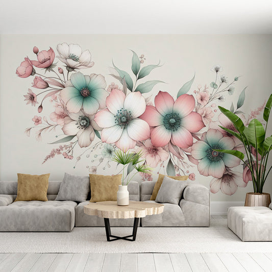 Tapete Blumen | Weiße, rosa und grüne Blütenblätter