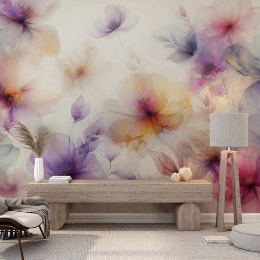 Tapete Blumen | Wasserfarbenblüten in Violett und Gelb