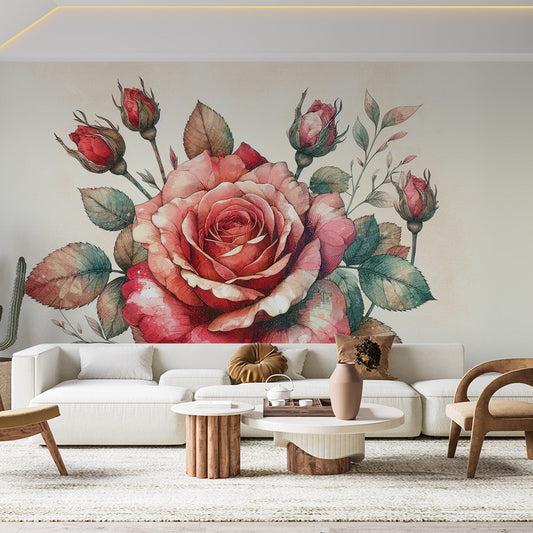 Tapete Blumen | Vintage Rosen mit grünen Blättern Tapete