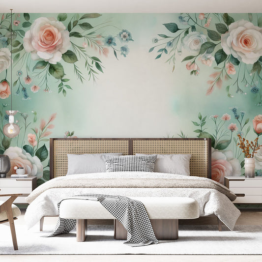 Tapete Blumen | Weiße Rosen auf grünem und weißem Hintergrund