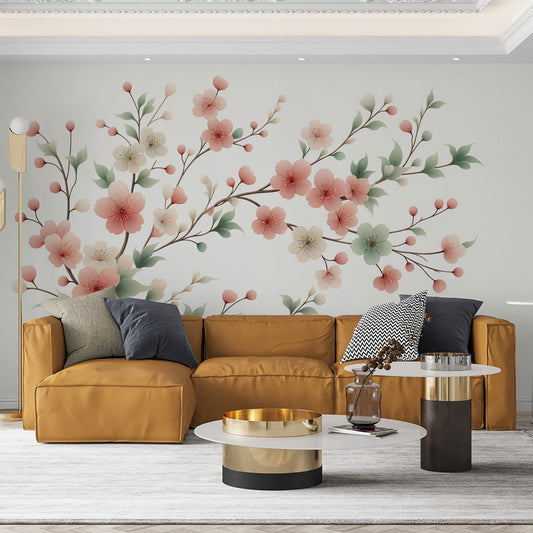Tapete Blumen | Tapete mit rosa, weißen und grünen Kirschblüten