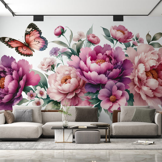 Tapete Blumen Rosa | Rosa und violette Chrysanthemen und Magnolien mit Schmetterling