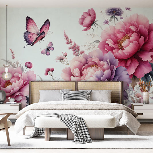 Tapete Blumen Rosa | Violette und rosa Chrysanthemen mit Schmetterlingen