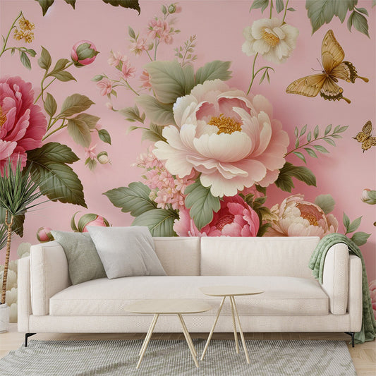 Tapete Blumen Rosa | Vintage Chrysanthemen in Rosa und Weiß mit Schmetterlingen