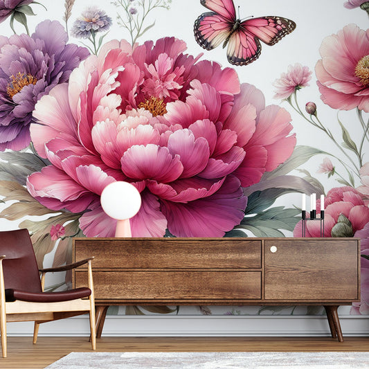 Tapete Blumen Rosa | Chrysanthemen, grüne Blätter und Schmetterlinge auf weißem Hintergrund