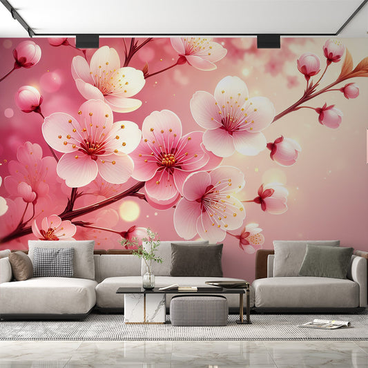 Tapete Blumen Rosa | Rosa Kirschblüten mit goldenen Staubgefäßen