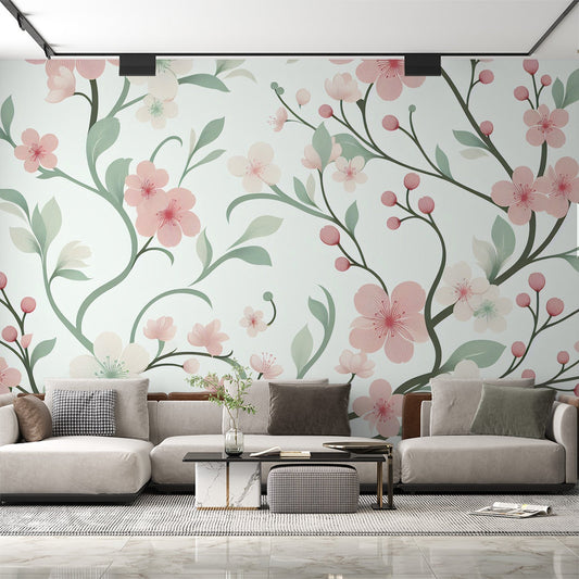 Tapete Blumen Rosa | Rosa und weiße Kirschblüten mit grünen Zweigen