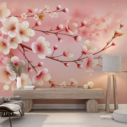 Tapete Blumen Rosa | Weiße und rosa Kirschblüten mit goldenen Staubgefäßen
