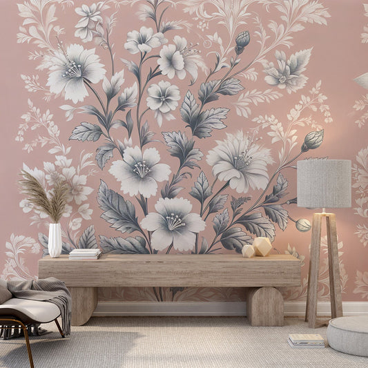 Tapete Blumen Rosa | Schwarze und weiße Blumen auf lachsfarbenem Hintergrund