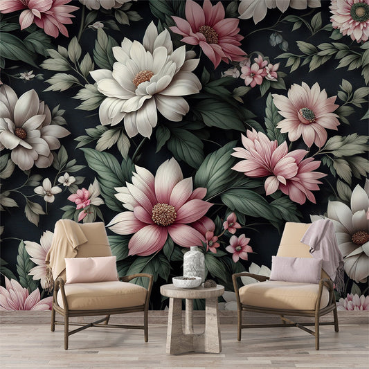 Tapete Blumen Rosa | Rosa und weiße Blumen auf schwarzem Vintage-Hintergrund