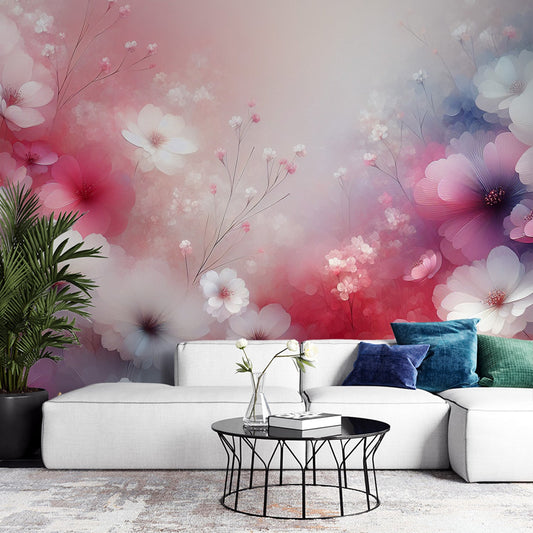 Tapete Blumen Rosa | Bunte Magnolie in rosa, weiß und blau Aquarell-Tapete