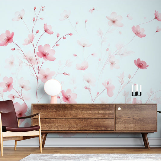 Tapete Blumen Rosa | Rosa Magnolien auf blauem Hintergrund