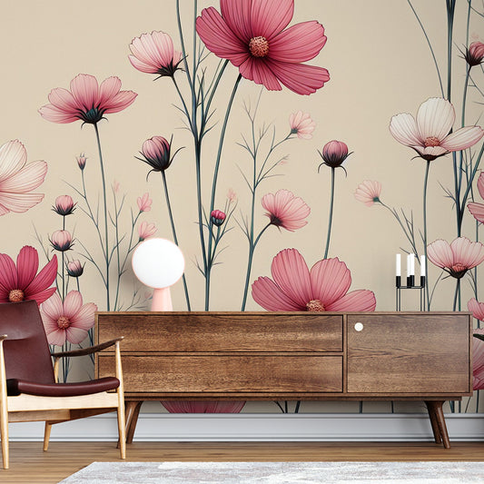 Tapete Blumen Rosa | Vintage Tapete mit rosa und roten Magnolien