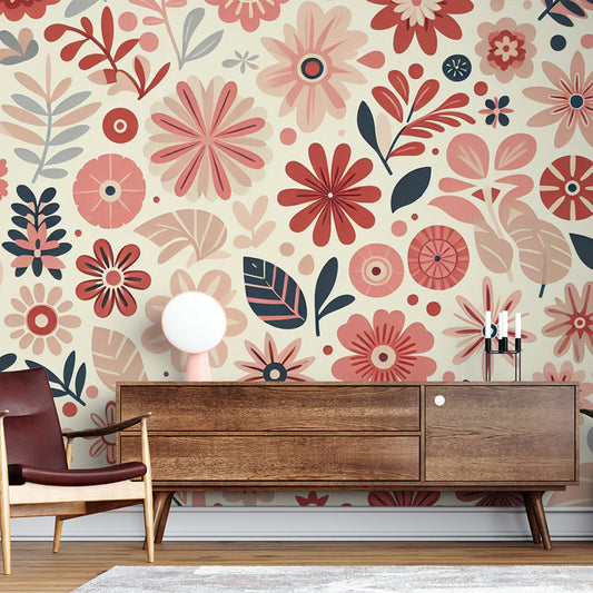 Tapete Blumen Rosa | Retro mit lebendigen Farben und hellem Hintergrund