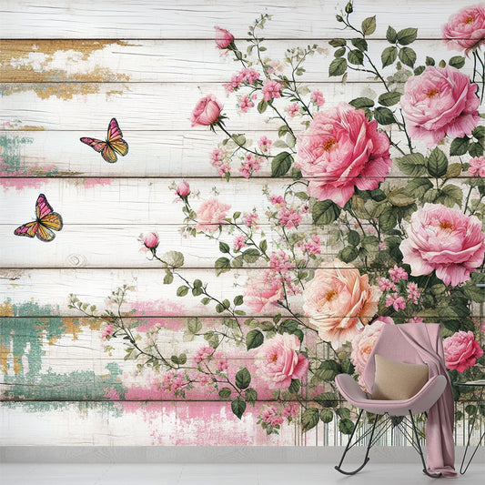 Tapete Blumen Rosa | Stachelige Rose auf alter weißer Holztapete