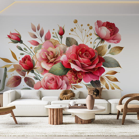 Tapete Blumen Rosa | Rosen und grüne Blätter mit einem Hauch von Gold