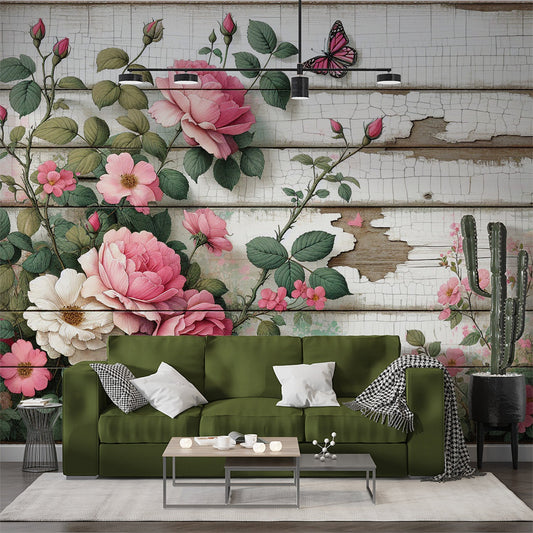 Tapete Blumen Rosa | Rosen auf alter Holztapete