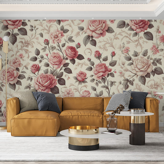 Tapete Blumen Rosa | Vintage-Rosen in Beigetönen