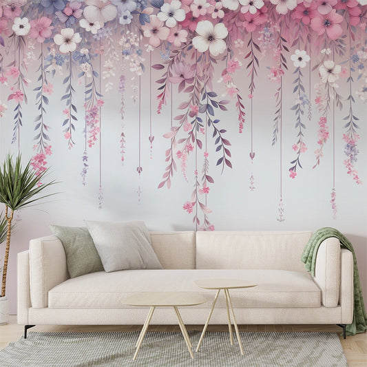 Tapete Blumen Rosa | Fallende lila, rosa und weiße Blumentapete