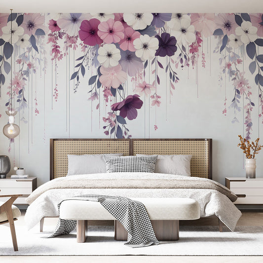 Tapete Blumen Rosa | Blumenfall mit violetten, weißen und rosa Magnolien