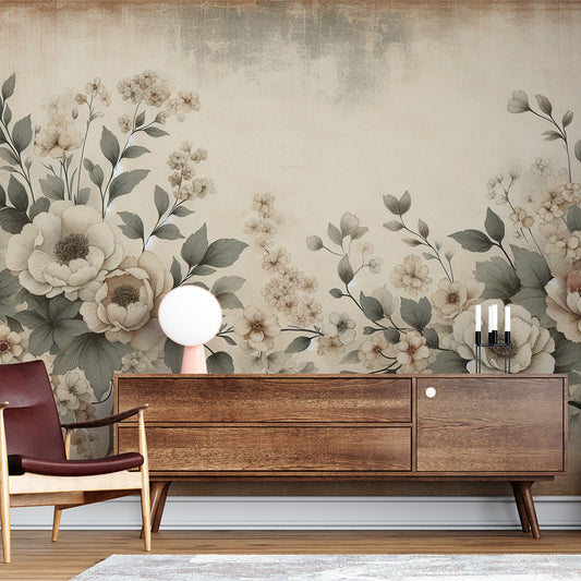 Tapete Blumen Vintage | Weiße Kamelien und grüne Blätter