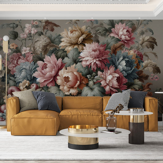 Tapete Blumen Vintage | Chrysanthemen mit Früchten und Vase-Tapete
