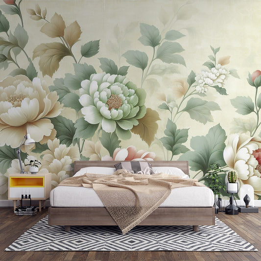Tapete Blumen Vintage | Grüne, rosa und weiße Chrysanthemen-Tapete