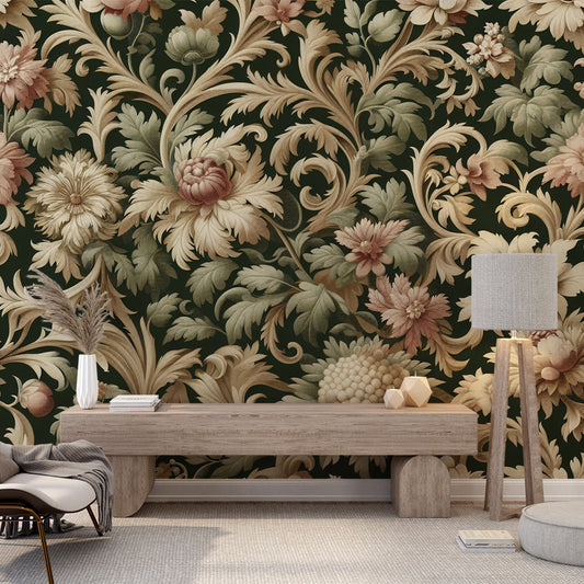 Tapete Blumen Vintage | Lilienmuster-Design auf schwarzem Hintergrund