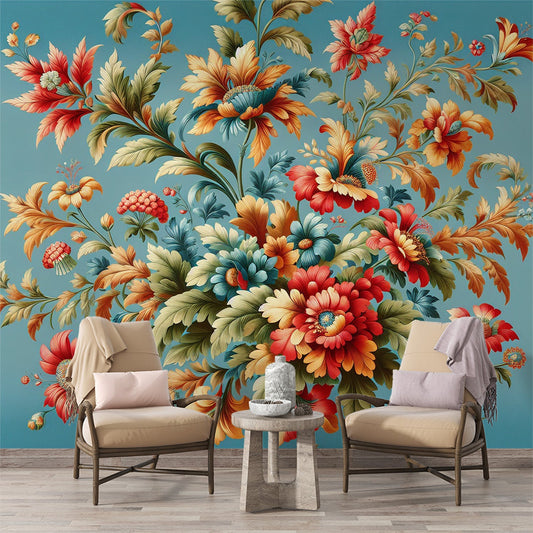 Tapete Blumen Vintage | Bunte Blumen auf blauem Hintergrund