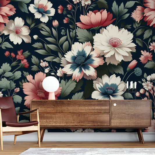 Tapete Blumen Vintage | Bunte Kosmosblumen auf schwarzem Hintergrund