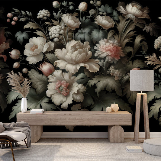 Tapete Blumen Vintage | Schwarzer Hintergrund und Pastellfarben mit großen Blättern