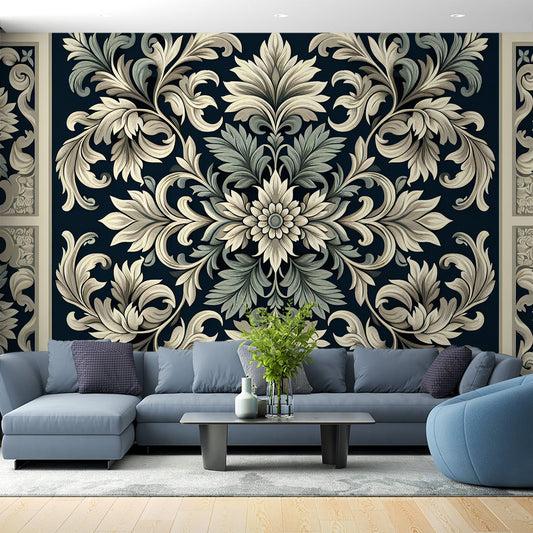 Tapete Blumen Vintage | Schwarzer Hintergrund und Blumen in Pastellfarben