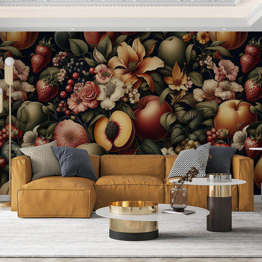 Tapete Blumen Vintage | Vintage Tapete mit Früchten und Blumen