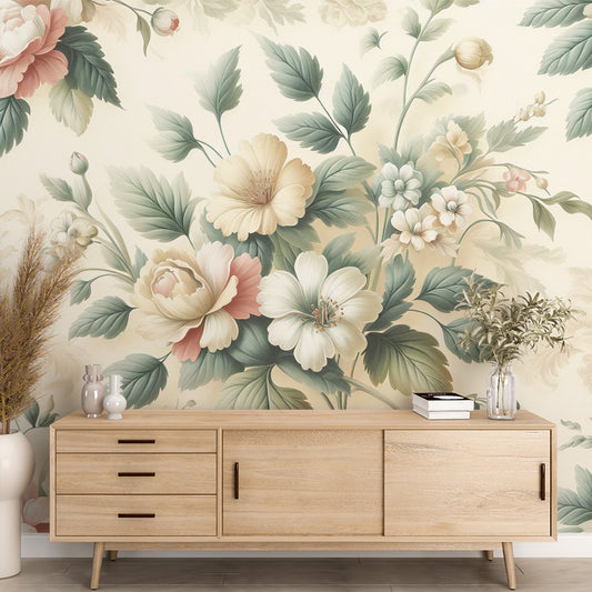 Tapete Blumen Vintage | Weiße und rosa Magnolien mit grünen Blättern