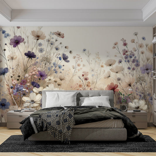 Tapete Blumen Vintage | Bunte Magnolien auf beige Tapete